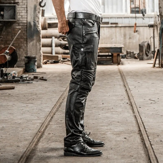 Brand Designer Genuine Leather Pants Male Profession Motorcycle Biker Long Trousers Vintage Large Size Soft Cowskin Black
