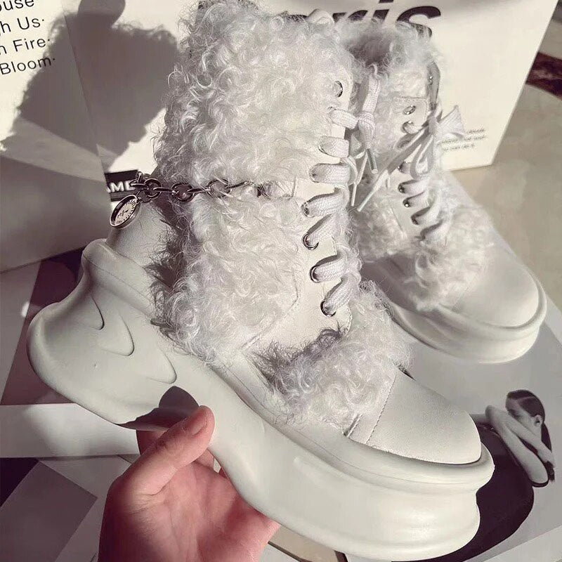 European Station Women's Fashion Platform Ankle Boots Luxury Wool Trend Snowshoes Fine Chain Casual Solid Color Fur Sneakers