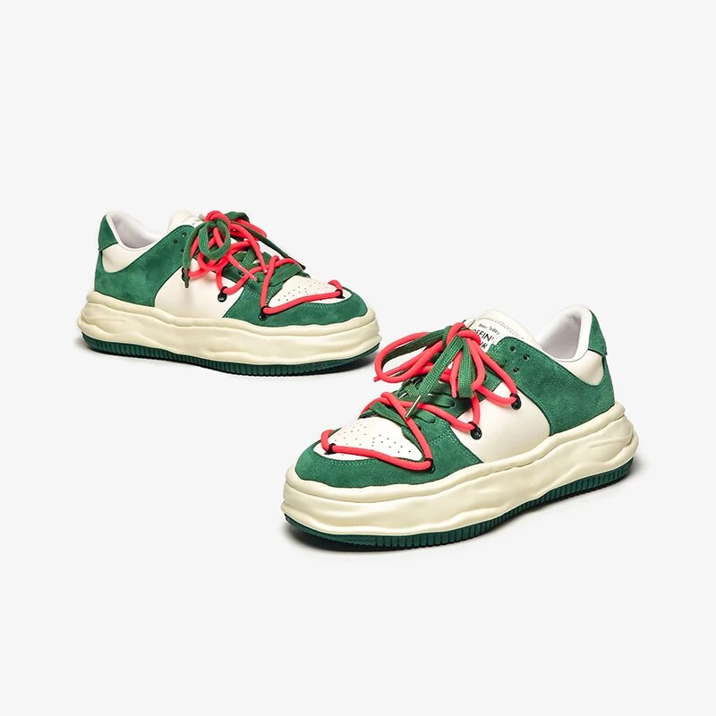 BeauToday Platform Sneakers Women Genuine Leather Patchwork Round Toe Mixed Color Lace-Up Chunky Sole Ladies Handmade 29154