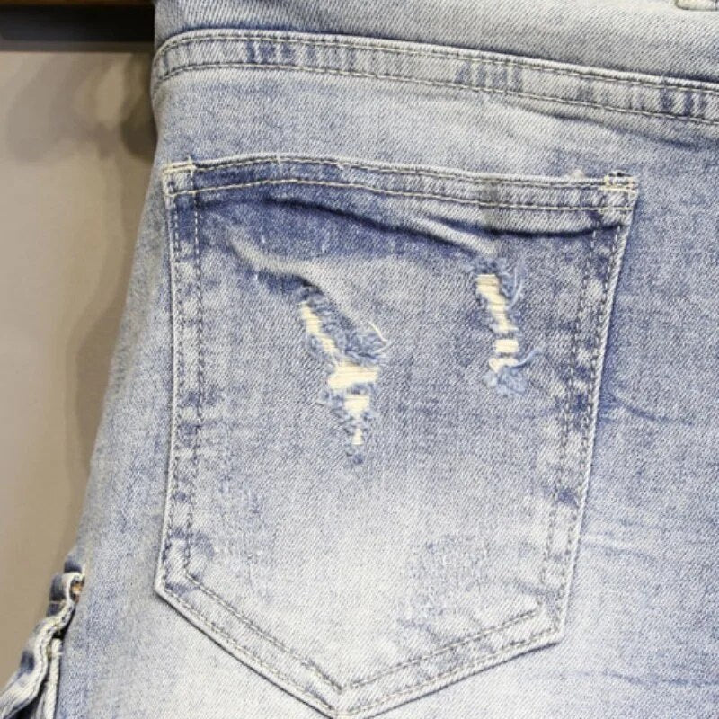 Summer Light BlueWashed Vintage Cargo Shorts Men Slim Fit Knee Length Straight Jeans High Street Casual Ripped Denim Male