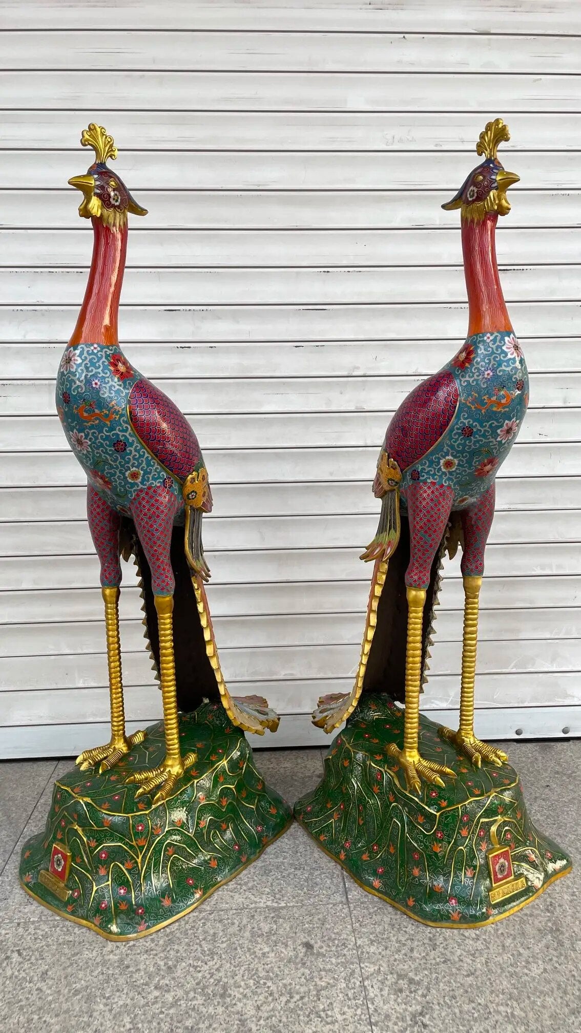 49"Tibet Temple Collection Old Bronze Cloisonne Enamel Phoenix Divine Beast Statue A pair Amass wealth Ornaments Town house