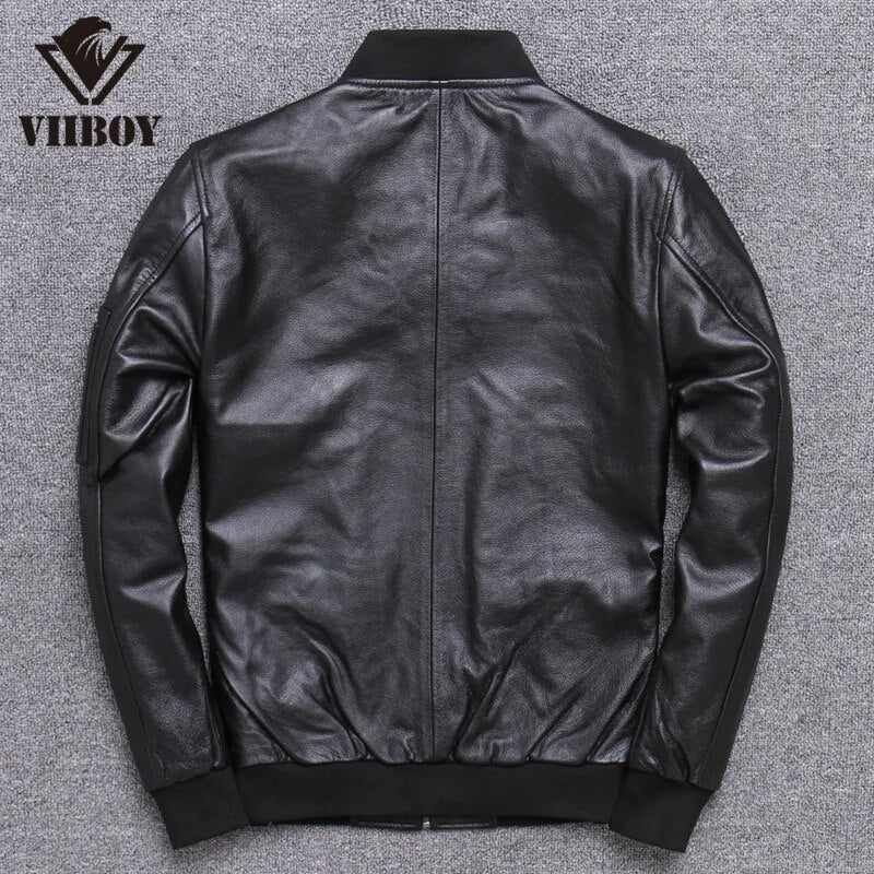 Cowhide Genuine Leather Jacket Men Bomber Jacket Coat New Autumn Casual Motorcycle Trend Stand Collar Baseball Uniform Coat Men