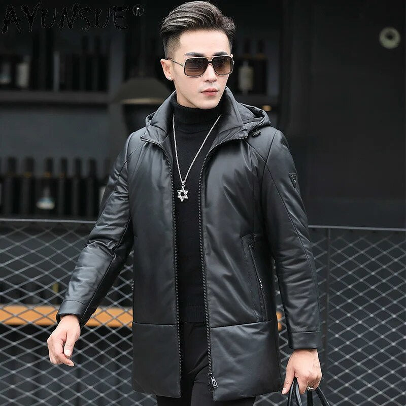 Genuine Leather Down Jacket Men's Clothing Hooded Clothes Sheepskin Warm Coat Male 2024 Winter Parkas Ropa Hombre LXR539