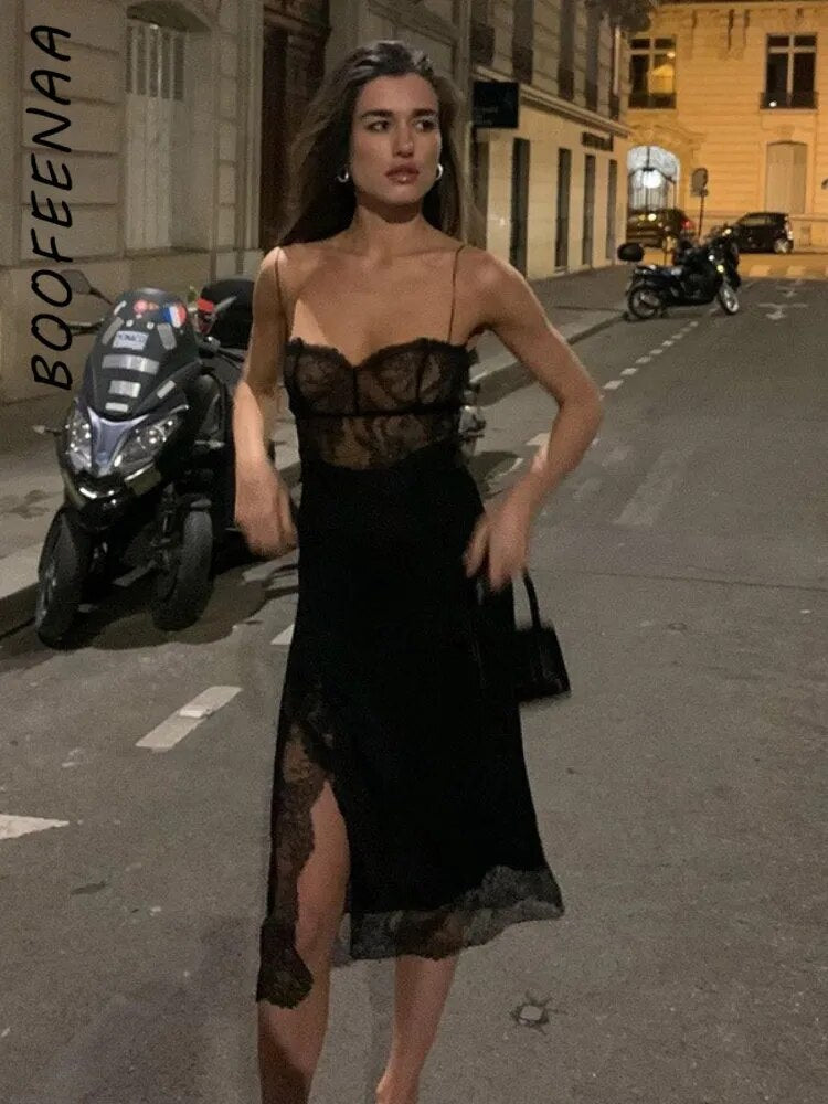 BOOFEENAA Sexy Black Lace Dress Date Night Outfits for Women Spaghetti Strap Backless Split Midi Dress French Style C66-CC17
