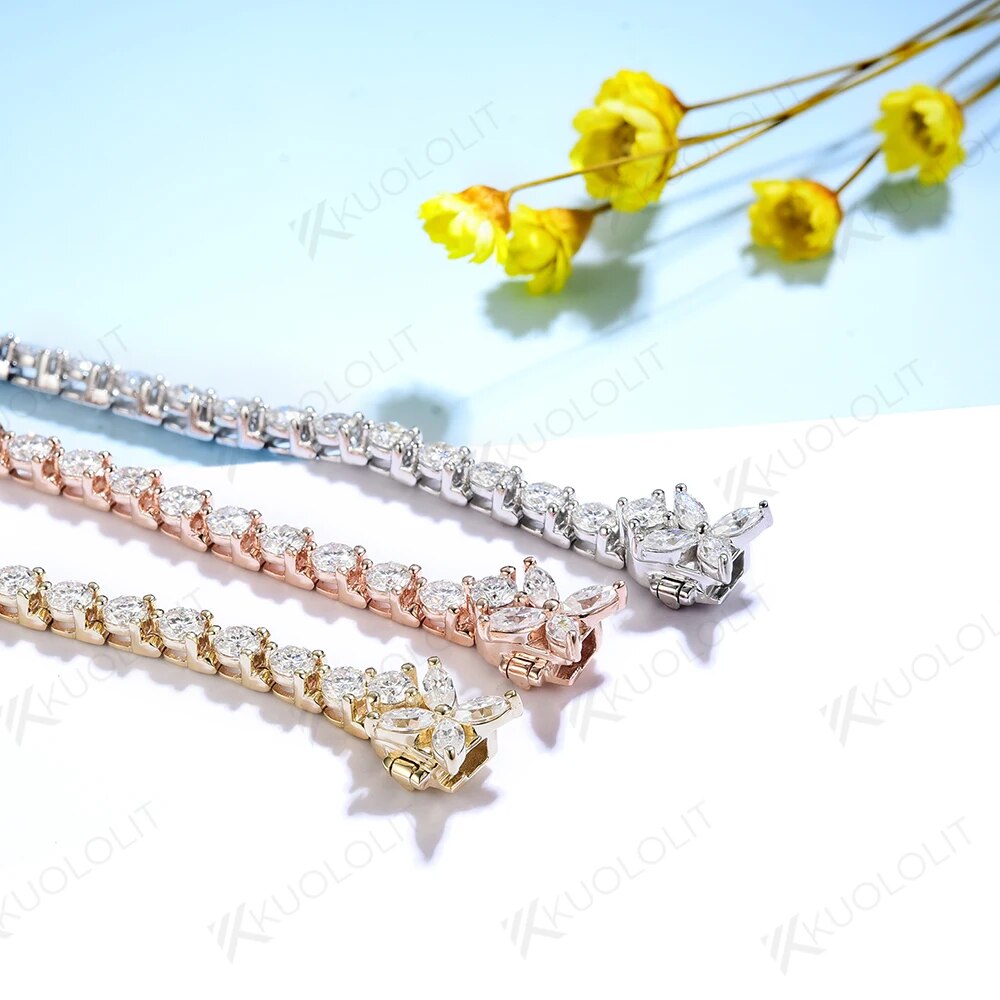 Kuololit Flower Moissanite Bracelet  for Women Solid 14K 10K Gold Marquise Diamond Tennis Bracelet for Engagement Welding Gifts