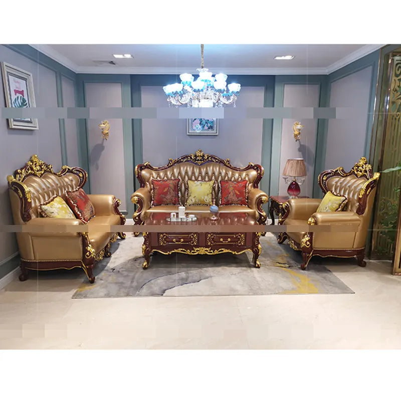 European Leather Sofa Combination Living Room Red Sandalwood Color Gold Foil Imported First Layer Cowhide Home Furniture