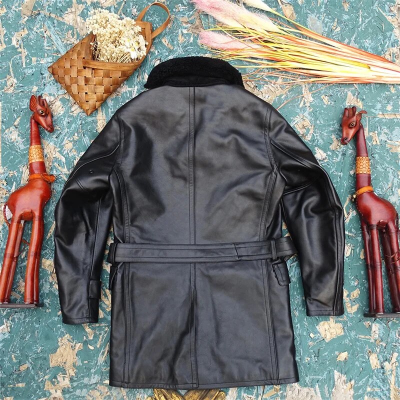 Genuine Leather Jacket for Men Shawl-Collar Slim Long Fit Military Business Style Cowhide Pea Coat Men's Winter Clothing