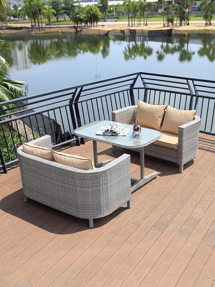 3 pcs Outdoor Furniture dining set metal Frame rattan sofa coversation set space saving coffee shop patio yard poolside garden