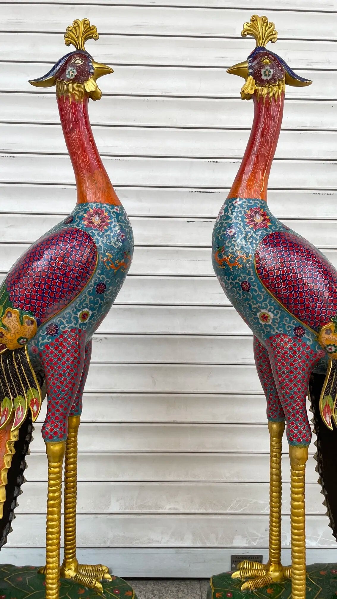 49"Tibet Temple Collection Old Bronze Cloisonne Enamel Phoenix Divine Beast Statue A pair Amass wealth Ornaments Town house