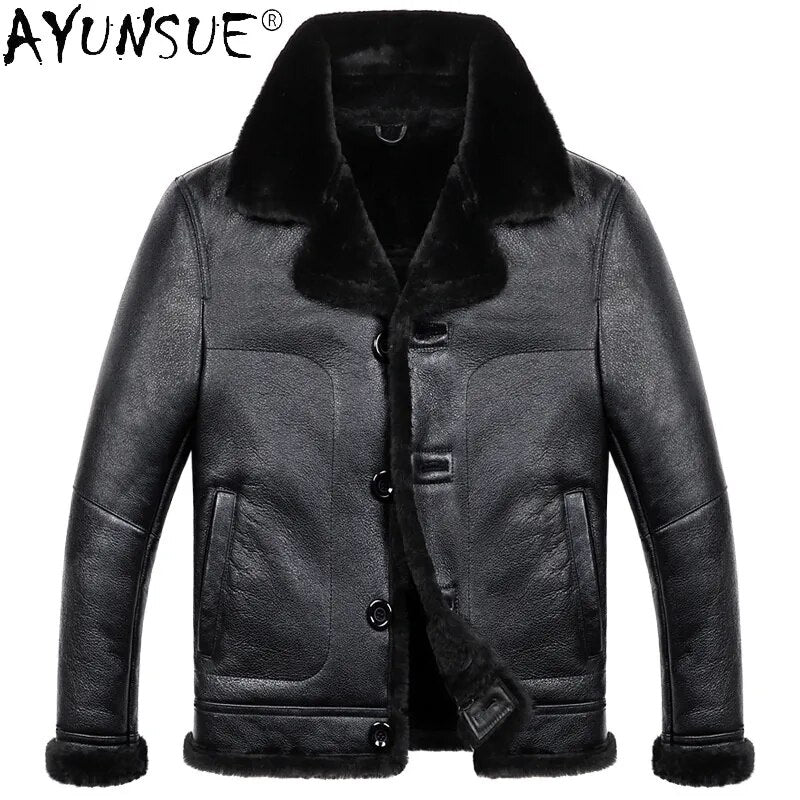 Men's Real Sheep Shearling Leather Jacket Men Clothing Warm Winter Coat Mens 100% Sheepskin Jackets Hommes Veste LXR965