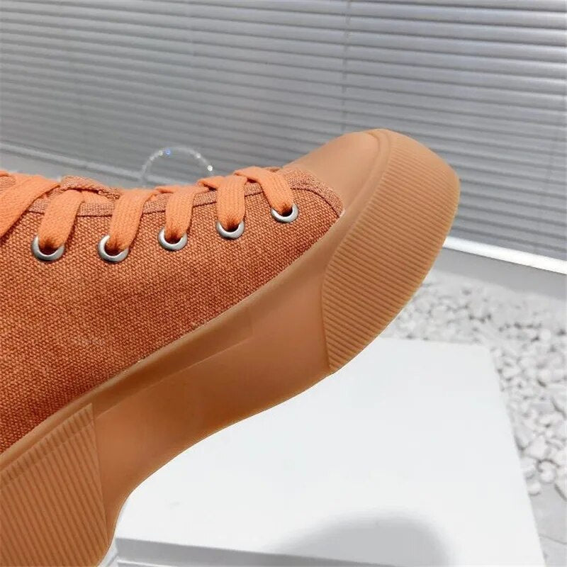 Spring Autumn New Round Toe Canvas Sneakers Boots Women Thick Sole Lace Up Patchwork Casual All Match Fashion Comfortable Shoes
