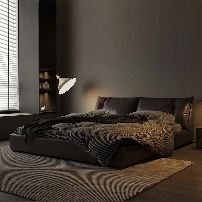 Italian Minimalist Leather Headboard Layer Cofskin Tatami Bed Master Bedroom Down Soft