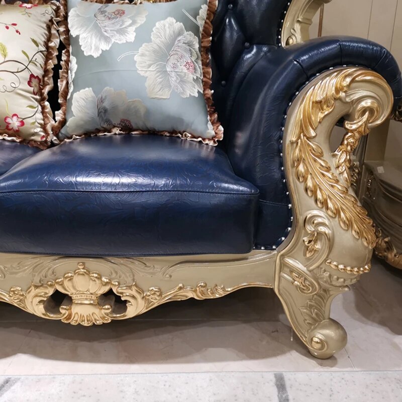 European-style Leather Sofa 123 Combination Luxury Champagne Furniture American All-carved Solid Wood Couches for Living Room