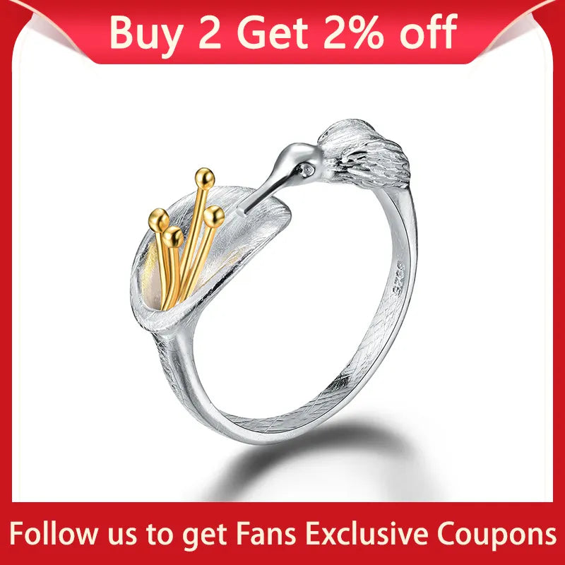 Lotus Fun Real 925 Sterling Silver Bird Ring Natural Creative Design Fine Jewelry Adjustable Hummingbird Rings for Women Bijoux