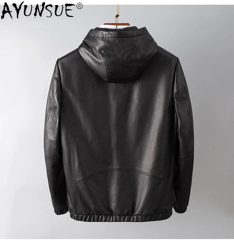 Men Clothing 5XL Real Cow Leather Jacket Autumn Men's Clothes Hooded Coat Male Zipper Mens Jackets Hommes Veste LXR448