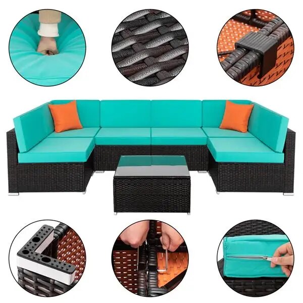 7-piece Outdoor Patio Furniture Set PE Wicker Rattan Conversation Sectional Sofa Sets with Tempered Glass Coffee Table Lake Blue