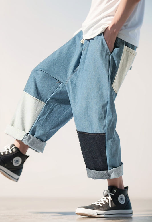 Patch Jeans Men's Straight Loose Fashion Brand plus Size Elastic Band Casual Wide Leg Cropped Tappered Pants Spring and Autumn