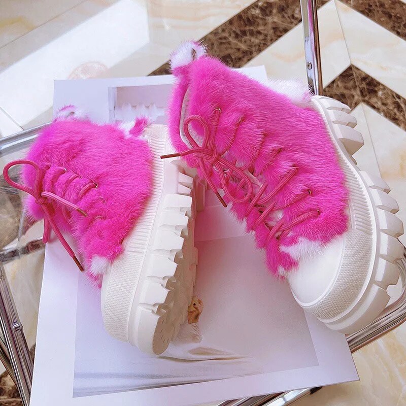 European Station Ladies Mink Hair Casual Shoes Luxury 100% Fur Sneakers Fashion Color Outdoor High Boots 2023 Autumn New