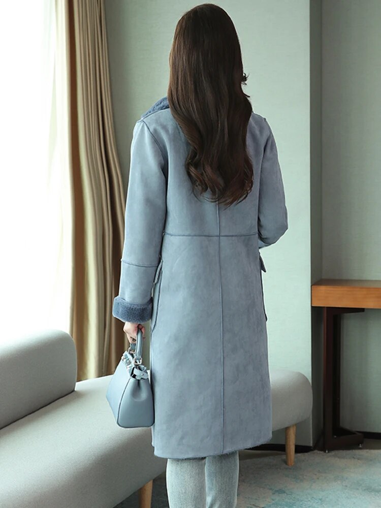 Velvet Thicken Woman Long Coat Jacket Warm Faux Suede Parka Female Double Breasted Gray Jacket 2022 Winter  Women'S Clothing