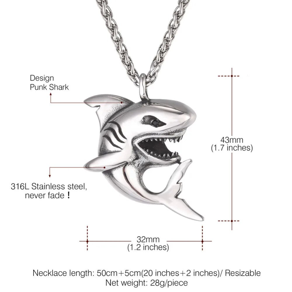 U7 Big Shark Pendant Necklace Men Stainless Steel Jewelry Rock Punk Ocean Sea Animal Necklaces
