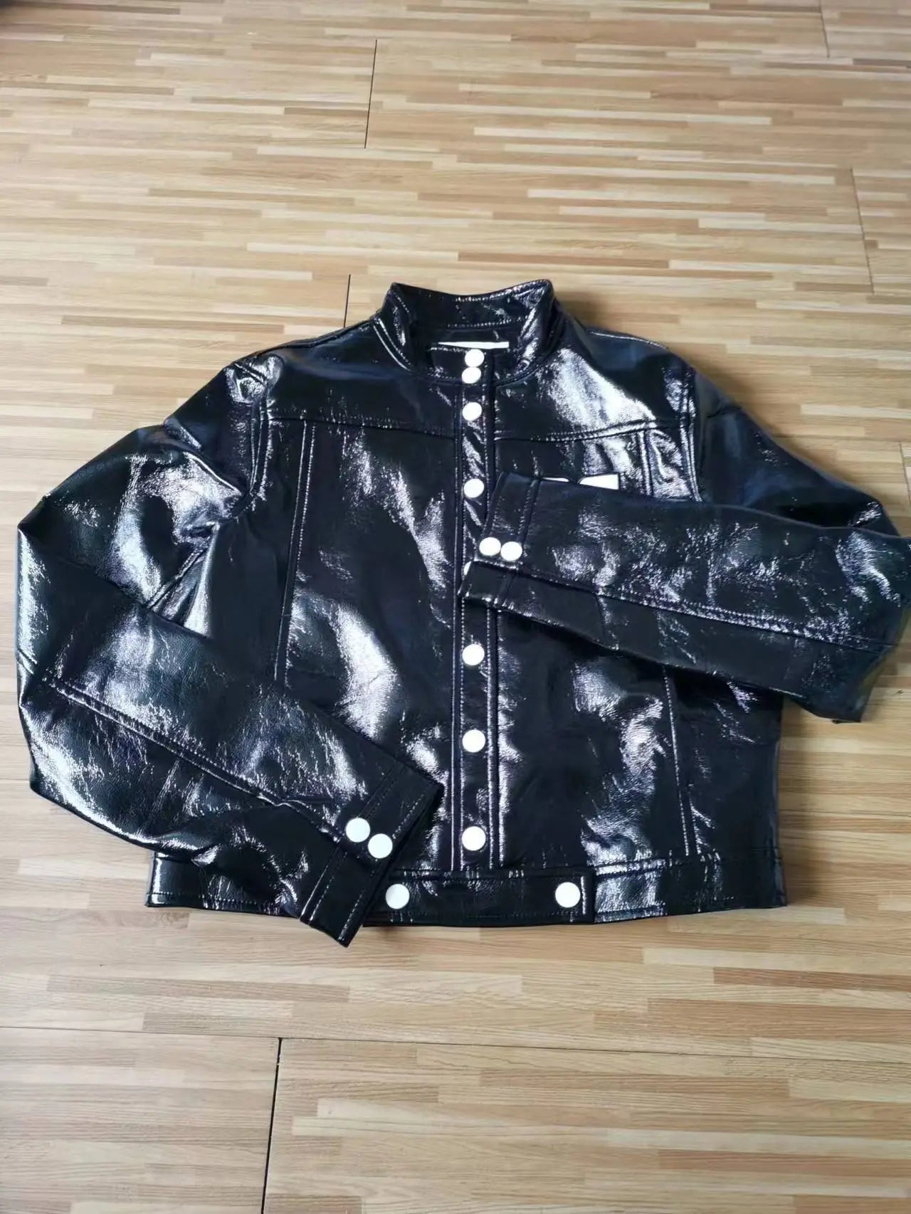 Fashion Classic Trendy Luxury Designer Cloth Women Embroidered Logo Stand Collar Black PU Short Jacket Coat 132602 - KAISERINC