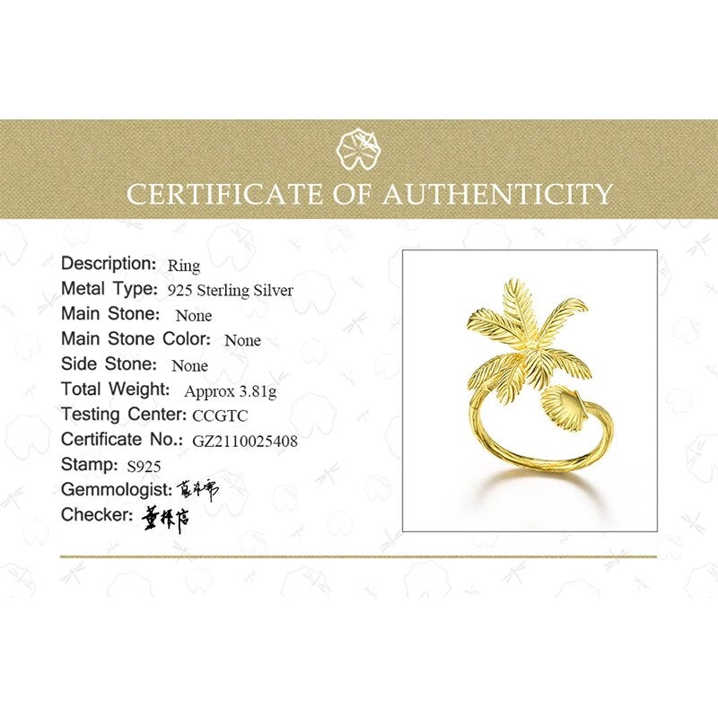 Lotus Fun 18K Gold  Beach View Coconut Trees and Shells Big Adjustable Rings for Women Real 925 Sterling Silver Dating Jewelry