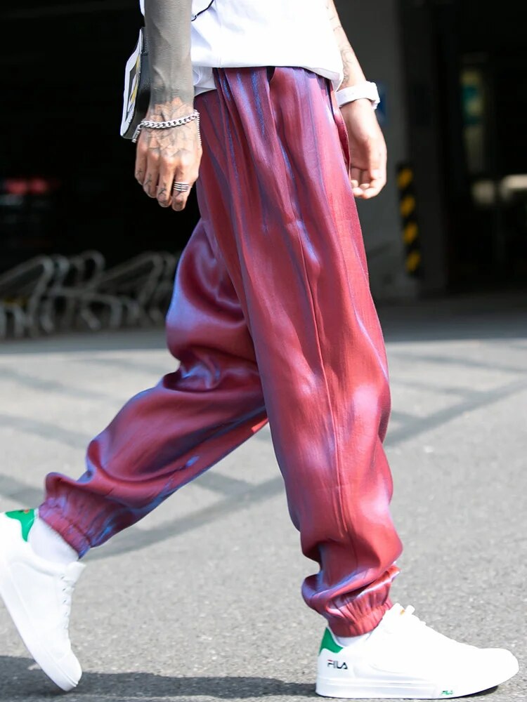 New Mens Summer Smooth Fabric Nine-point Trousers Ice Silk Casual Loose Shiny Pants Color Thin Dance