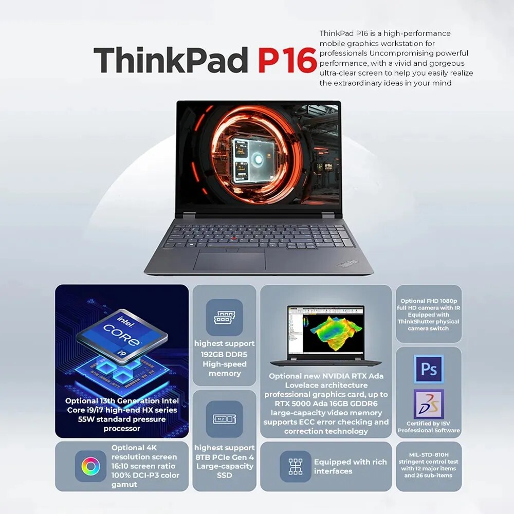 Lenovo Laptop ThinkPad P16 2023 13th Core i7-13700HX/i9-13980HX 16G/32GB RAM+1T/2TB SSD 16-Inch 2.5K/4K 165Hz Notebook Computer