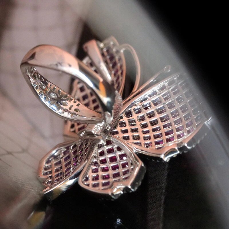Aazuo 100% 18K Solid White Gold Natrual Ruby Real Diamonds Butterfly Ring Gifted For Woman Wedding Day Deluxe Banquet Party