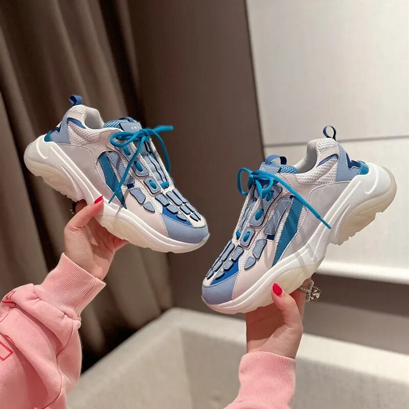 High Quality male cowhide Stitched Bone Shape Sneakers Platform Leather  Running male  Tennis Shoes