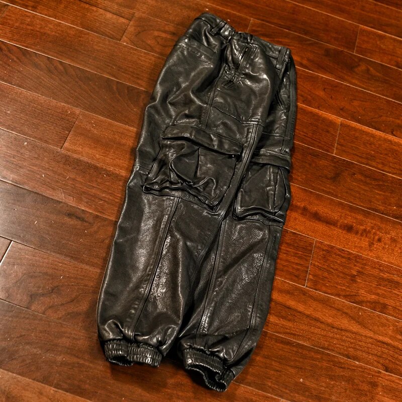 New Real Leather Pants Men Vintage Vegetable-tanned Top Layer Cowhide Trousers Loose Cargo Cuffed Cropped FC