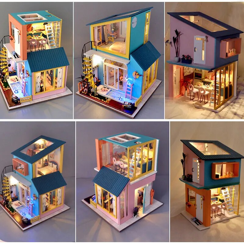 Diy Dollhouse Kit Miniature Items Bedroom Living Room Kitchen 3in1 Villa Tiny Houses Kids Toys Adult Wooden Doll House Furniture