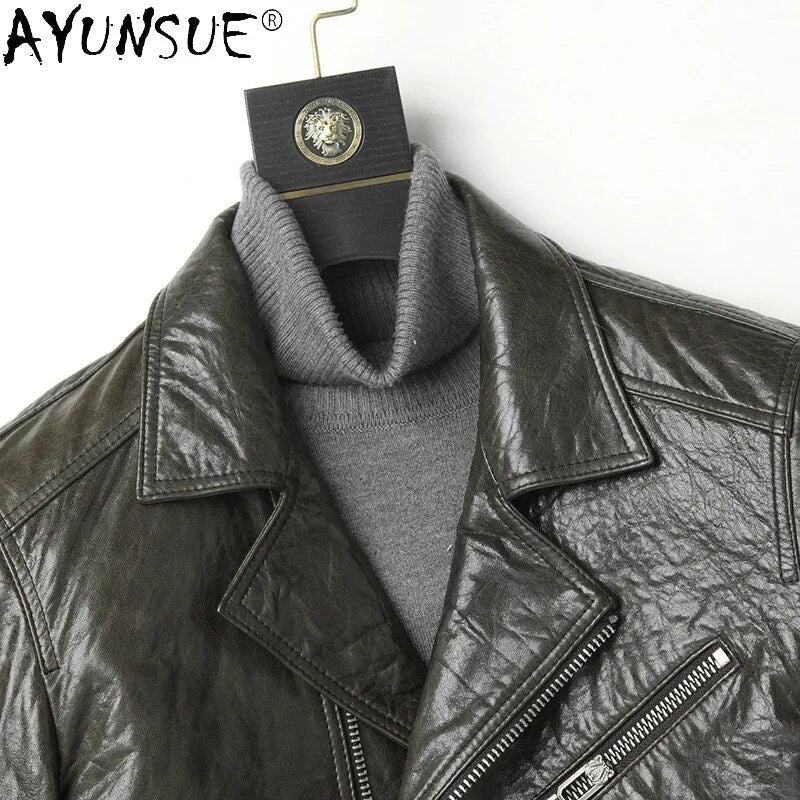 2024 New Men's Sheepskin Leather Jacket Men Clothing Motorcycle Jackets Short Autumn Coat Male Chaqueta Hombre :LXR958