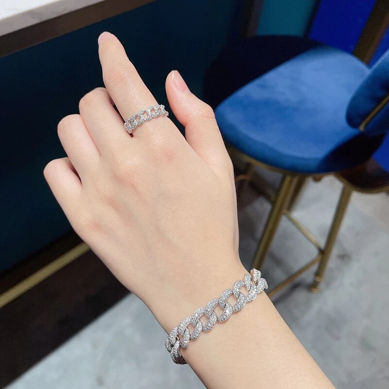 LUOWEND 18K Yellow or White Gold Bracelet Luxury Wide Cuban Chain Shape Real Natural Diamonds 10.65carat Bracelet for Women