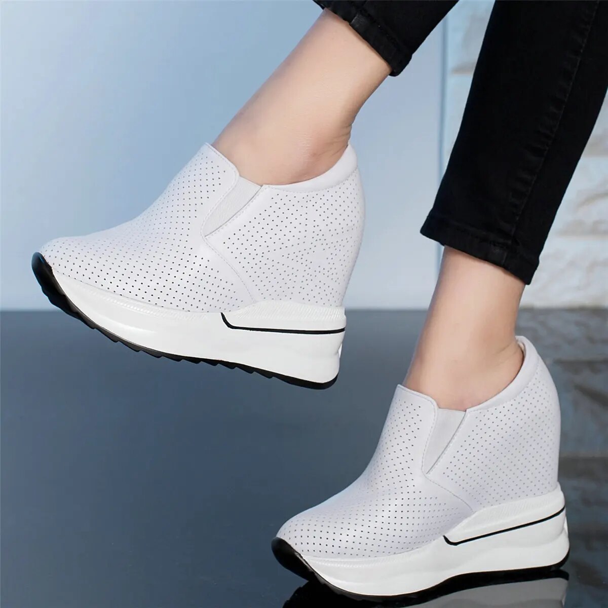 Breathable Vulcanized Shoes Women Genuine Leather Wedges High Heel Pumps Female Round Toe Platform Fashion Sneakers Casual Shoes