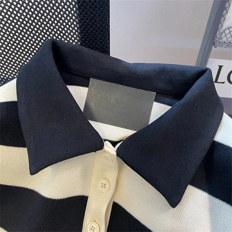 Men's Retro Black White Striped Polo Shirt Sweater Women's Autumn Loose Long-sleeved Turndown Collar Buttons Letter Tops Tees