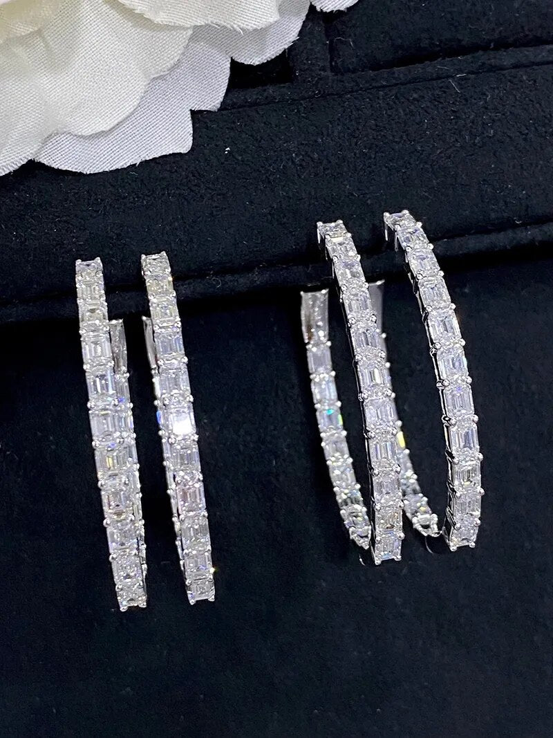 LUOWEND 18K White Gold Earrings Real Natural Diamond Hoop Earrings Shiny E-Shaped Shape Party Jewelry for Women Senior Banquet