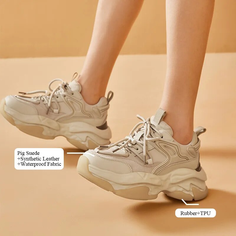 BeauToday Chunky Sneakers Women Suede Leather Lace-up Solid Fashion Breathable Ladies Shoes Thick Sole Trainers Handmade 29464