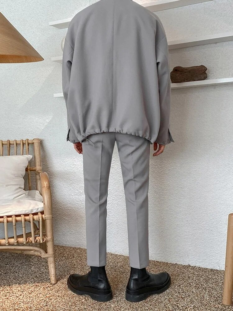 Men Casual Blazer Set Solid Color Single Breasted Loose Suit Jacket Pants Two Pieces Autumn New Formal Coat Male M-2XL