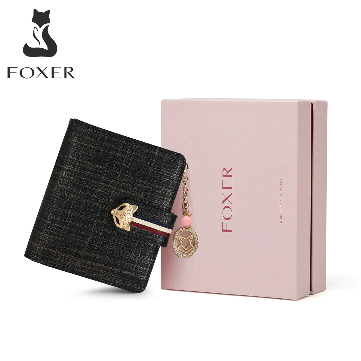 FOXER Card Holder Split Leather Women Wallet Designer Coin Purse Lady Zipper Wallet High Quality Cute Short Wallets With Pendant