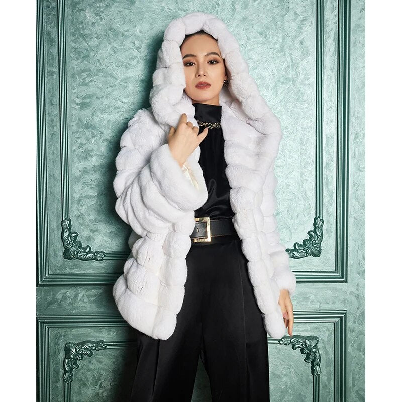 Women's Fur Coat 2223 Trend Natural Fur Long Mink White Hooded Outerwear Jackets Trench Coats New In Outdoor Clothes Clothing
