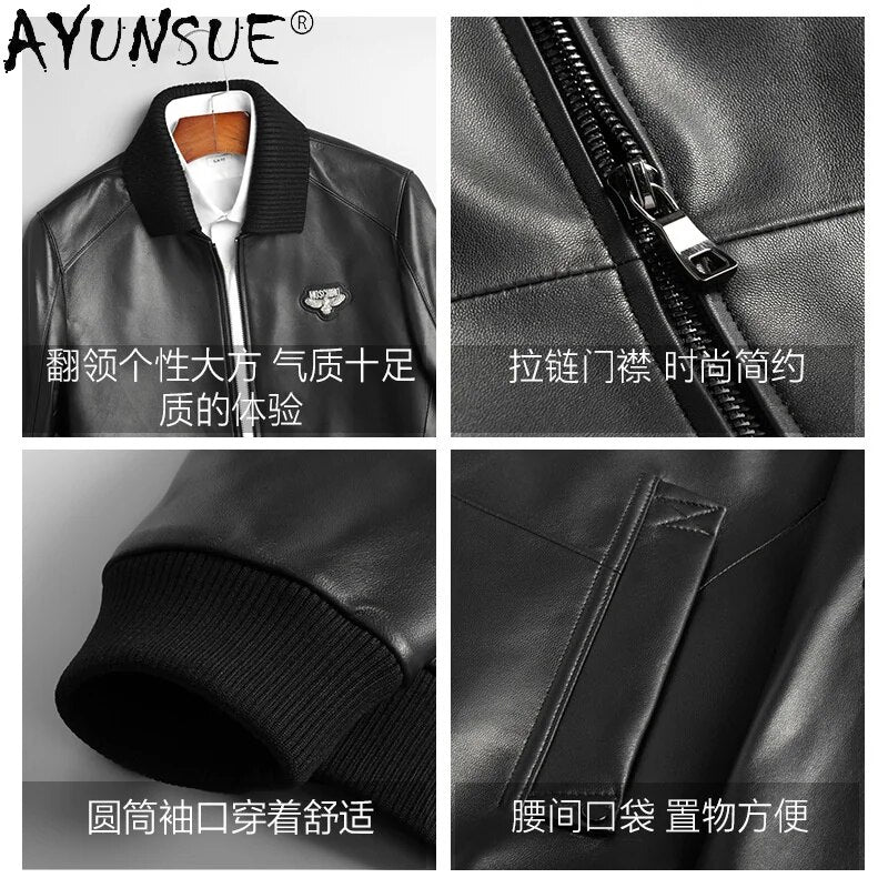 Genuine Sheepskin Leather Jacket Men Clothing Baseball Style Detachable Fur Collar Fashion Clothes Ropa Hombre LXR931