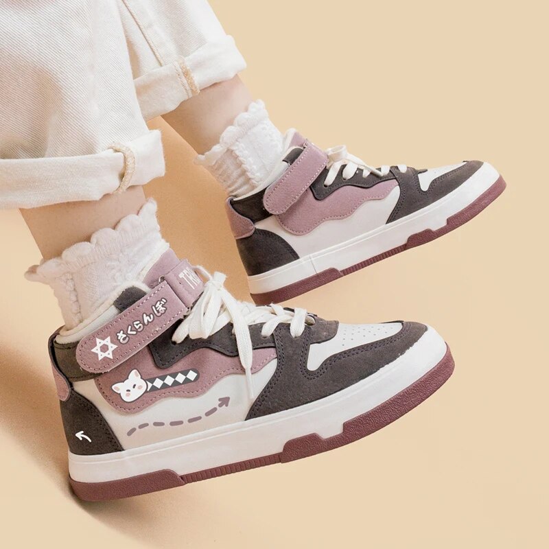 Amy and Michael Kawaii High Top Sneakers for Girls Students Casual Tennis Shoes Female Women Warm Plush Cotton Padded Shoes