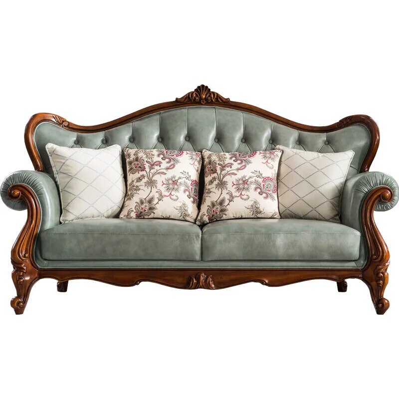 American Leather Sofa All Solid Wood Small Apartment Combination European Style Light Luxury Simple Carved Living Room Furniture