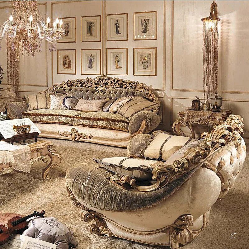 Modern Luxury European Style Hand Carved Solid Wood Sofa Set with Fabric Upholstery for Living Room and Villa Lounge Couch