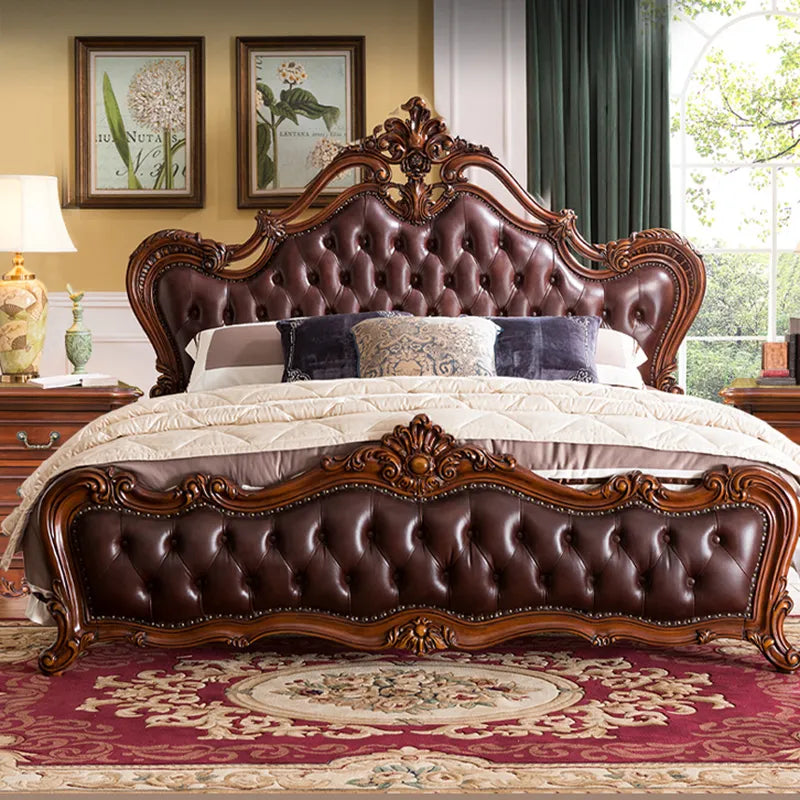European-style Solid Wood Double Bed Wedding Bed American Furniture 1.8m Master Bedroom Leather Soft-covered Princess Bed