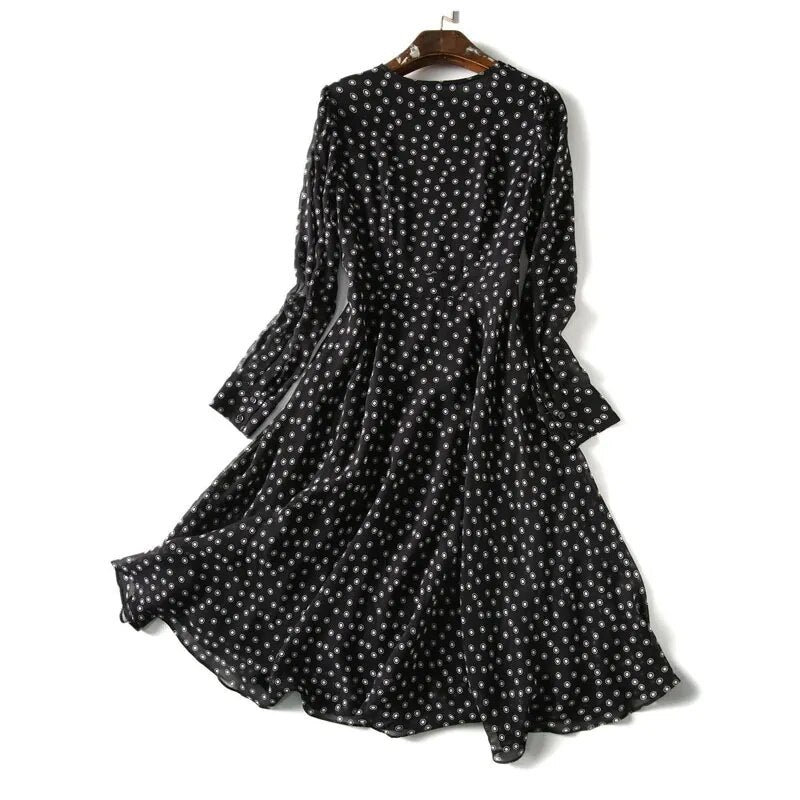 Polka Dot Print Chiffon Elegant Dresses for Women 2023 Summer New Vintage Fashion V-Neck Half Sleeve Casual Ladies Midi Dress - KAISERINC