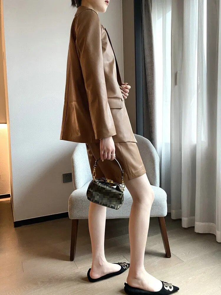 Luxury Women Double Breasted Belt Blazer Coat Straight Shorts Two Piece Set OL Suit Real Sheepskin Genuine Leather Matching Sets