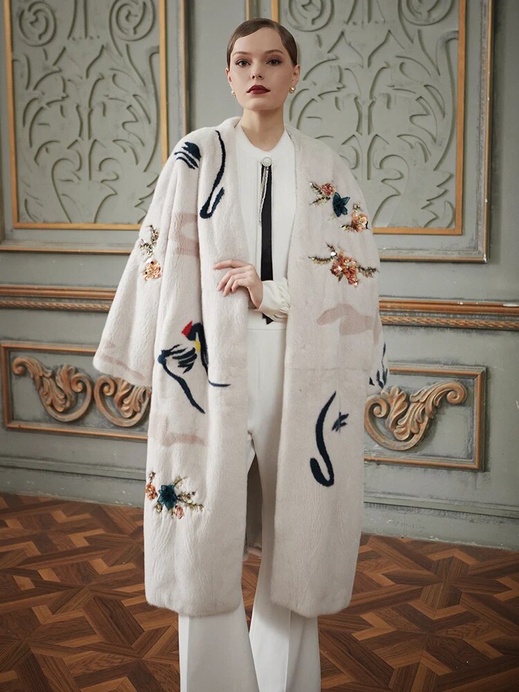 Women's Fur Coat 2223 Trend Natural Fur Long Mink White Floral Outerwear Jackets Trench Coats New In Outdoor Clothes Clothing