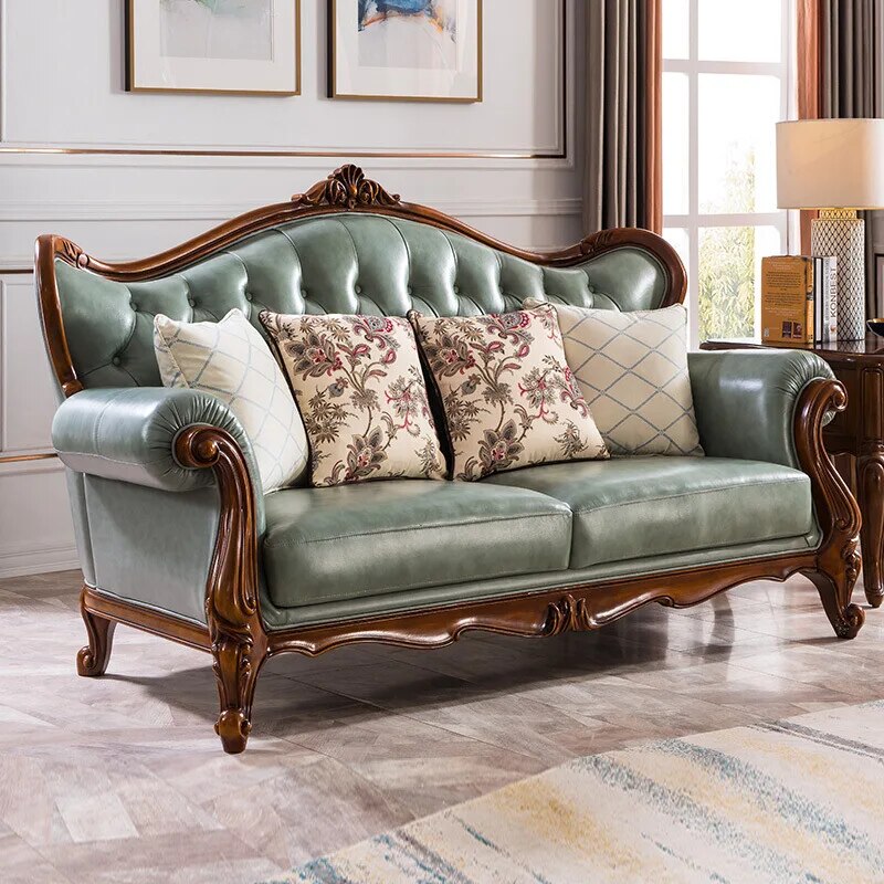 American Leather Sofa All Solid Wood Small Apartment Combination European Style Light Luxury Simple Carved Living Room Furniture
